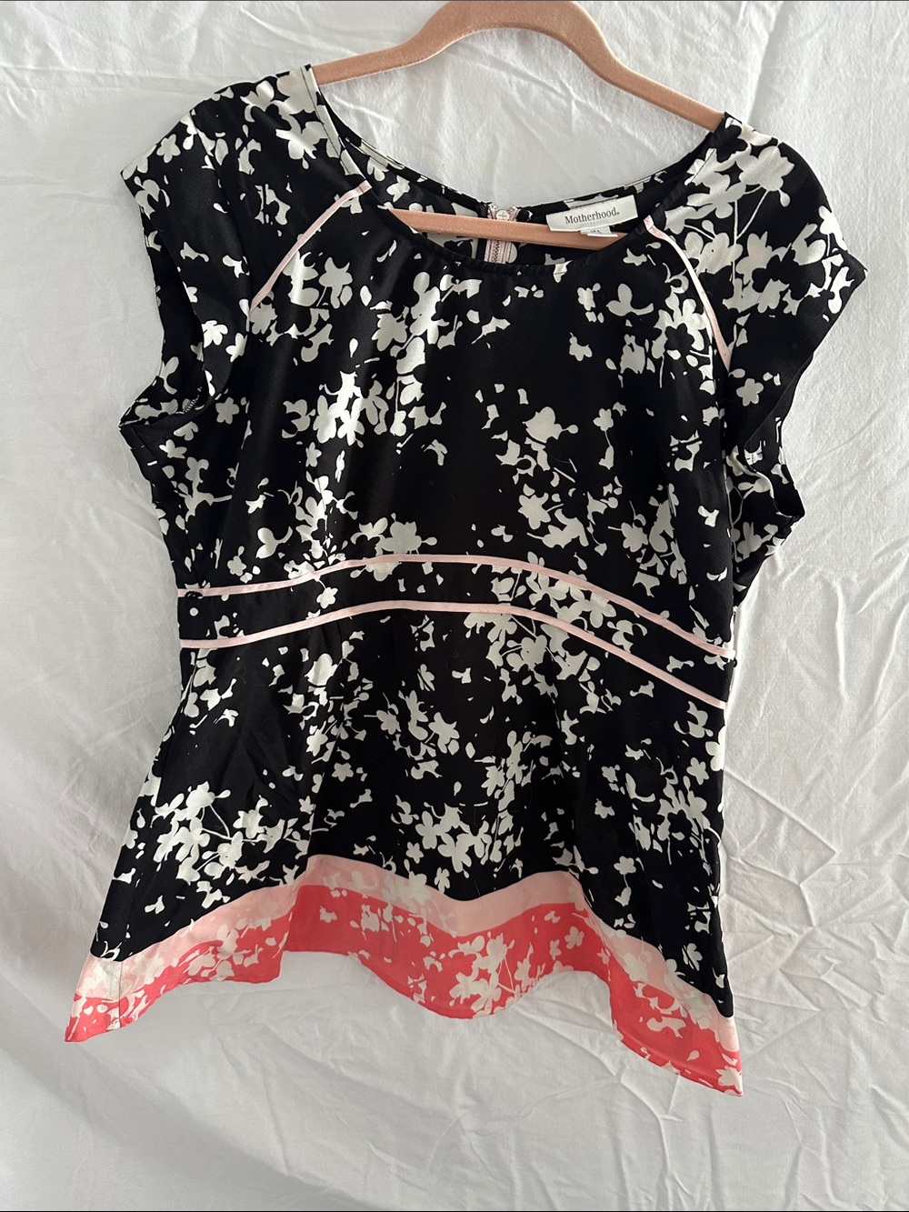 Motherhood Maternity Black Floral Top with Pink and Coral Accents
